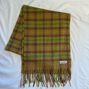 Amicale 100% mercerized wool. Tan and Green Plaid Scarf
